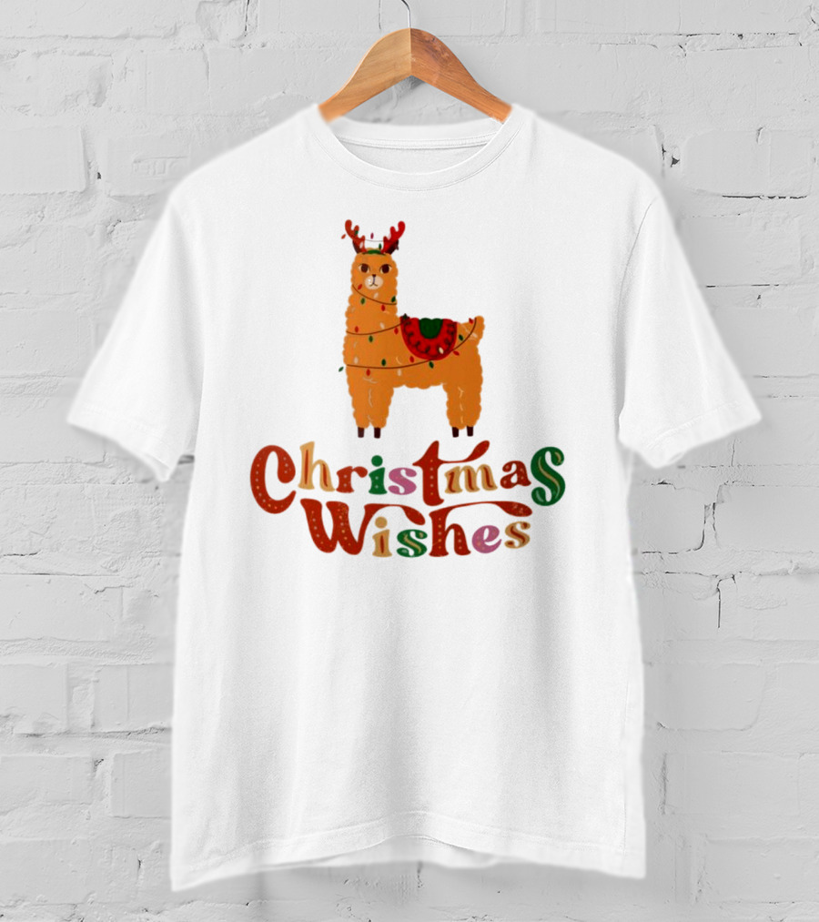 Christmas Wishes Llama Reindeer With Lights T-Shirt