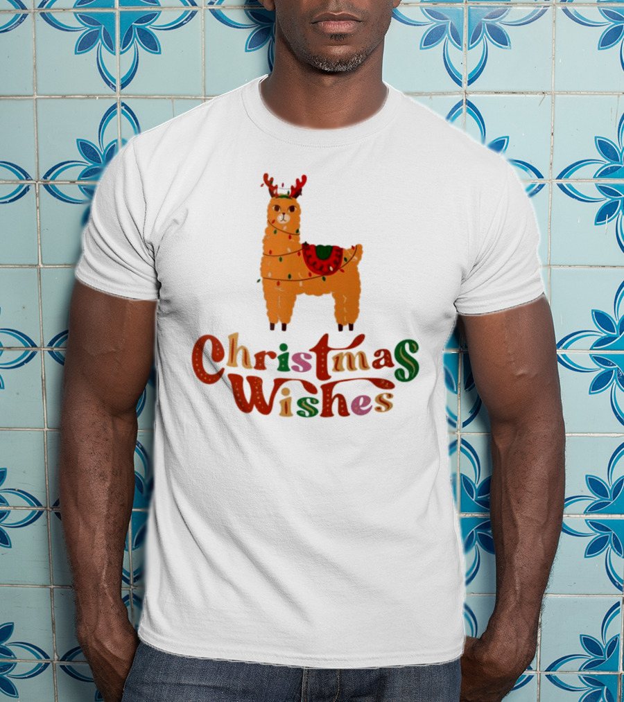 Christmas Wishes Llama Reindeer With Lights T-Shirt