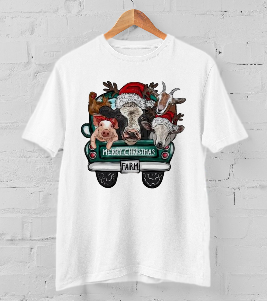 Merry Christmas Farm Animals In Holiday Truck T-Shirt