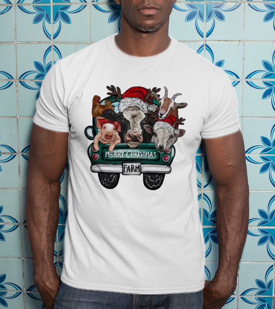 Merry Christmas Farm Animals In Holiday Truck T-Shirt
