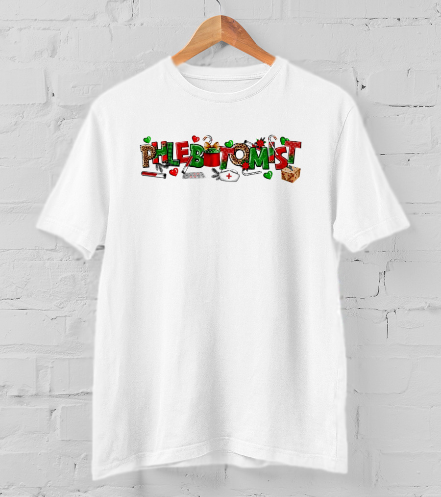 Phlebotomist Nurse Christmas Holiday Festive Leopard Print Decor T-Shirt