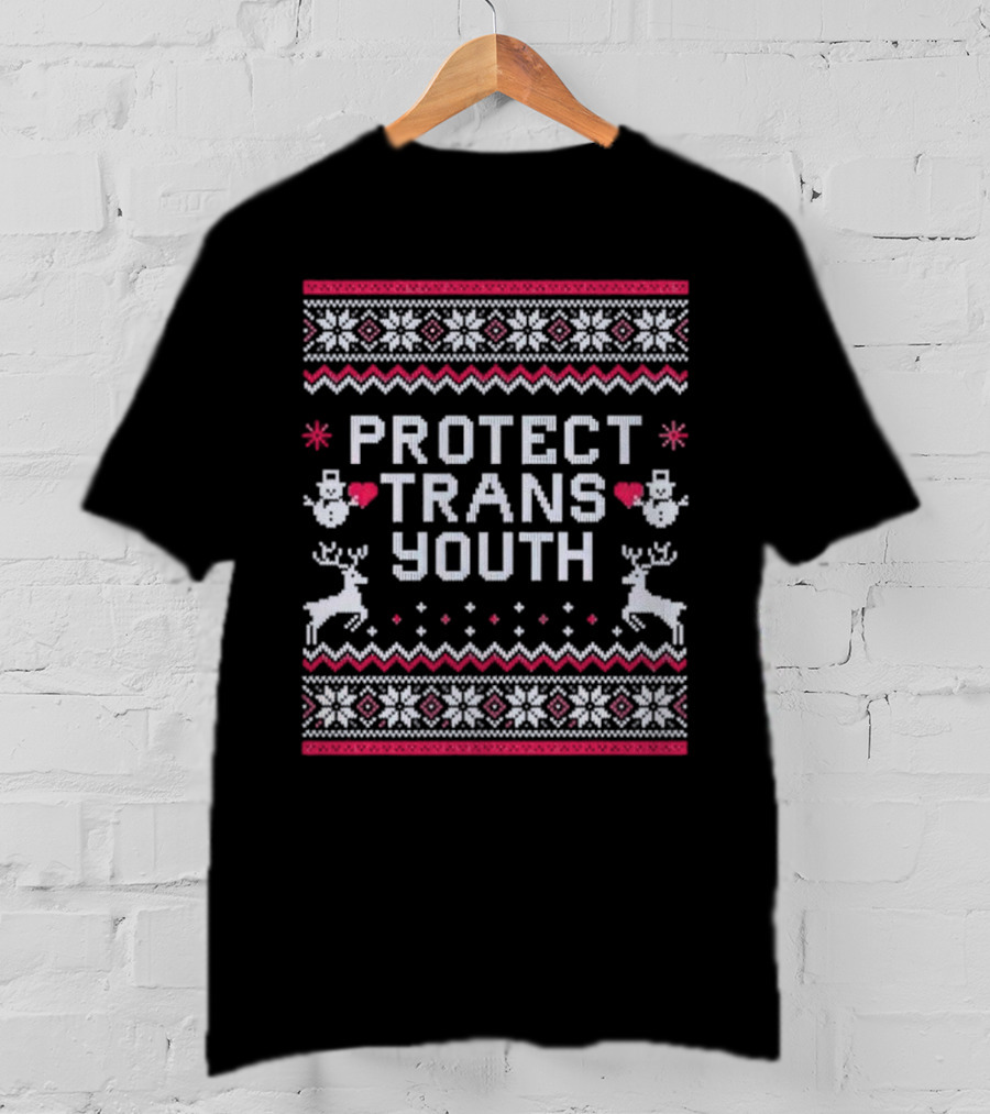 PROTECT TRANS YOUTH Snowflakes Reindeer Hearts Snowmen T-Shirt