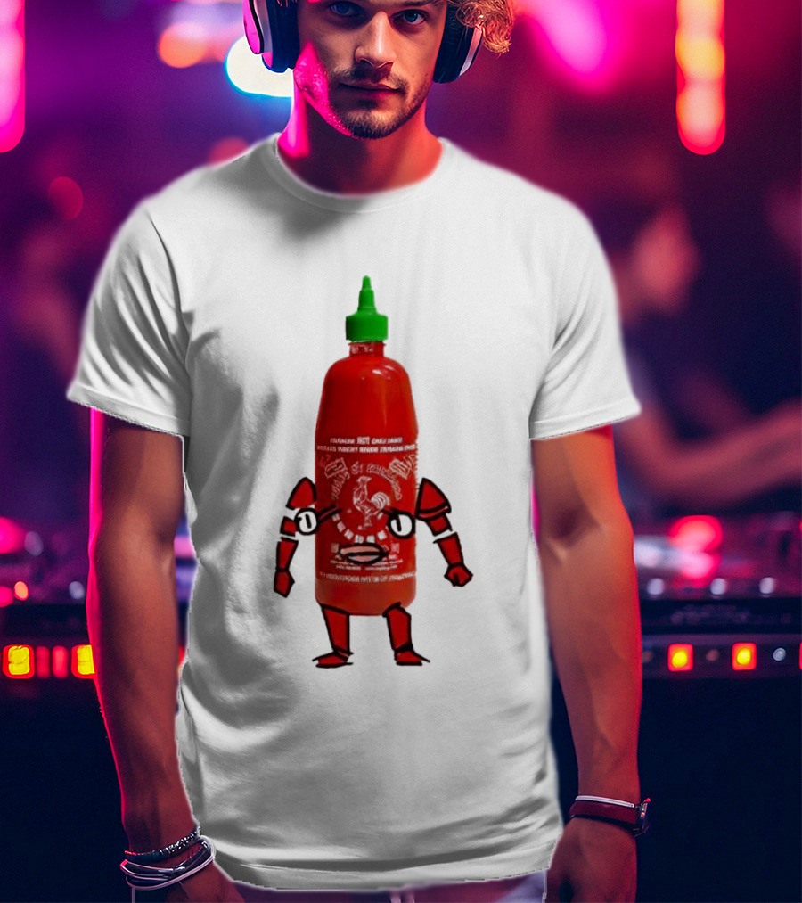 Sriracha Sauce Animated Bottle Character With Green Cap T-Shirt
