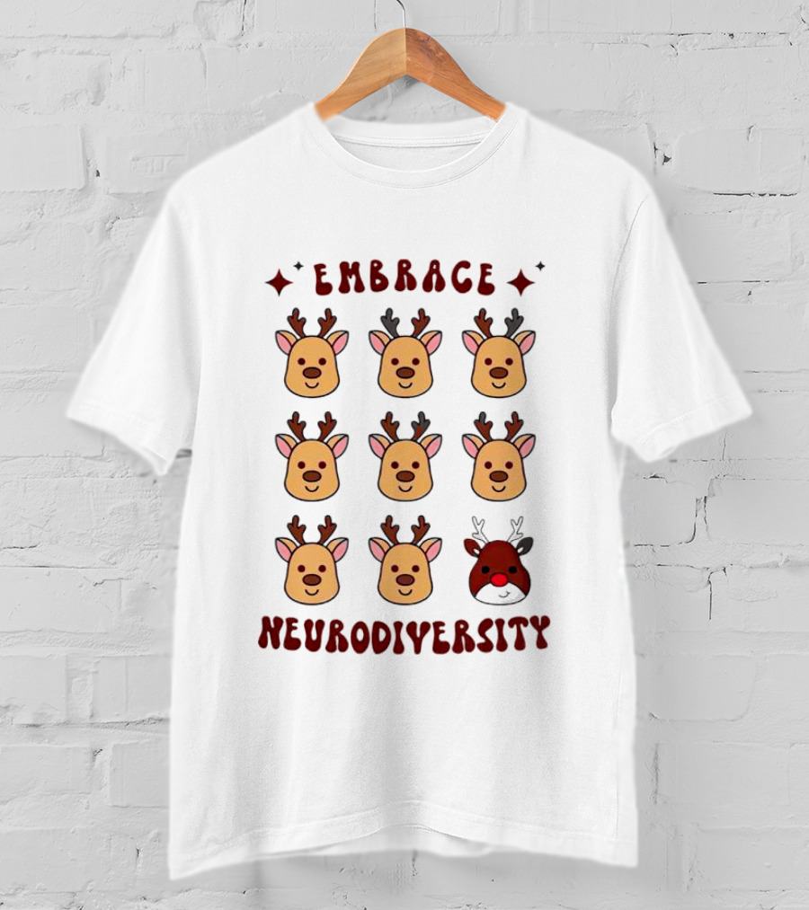 Embrace Neurodiversity Reindeer Faces Red Nose T-Shirt