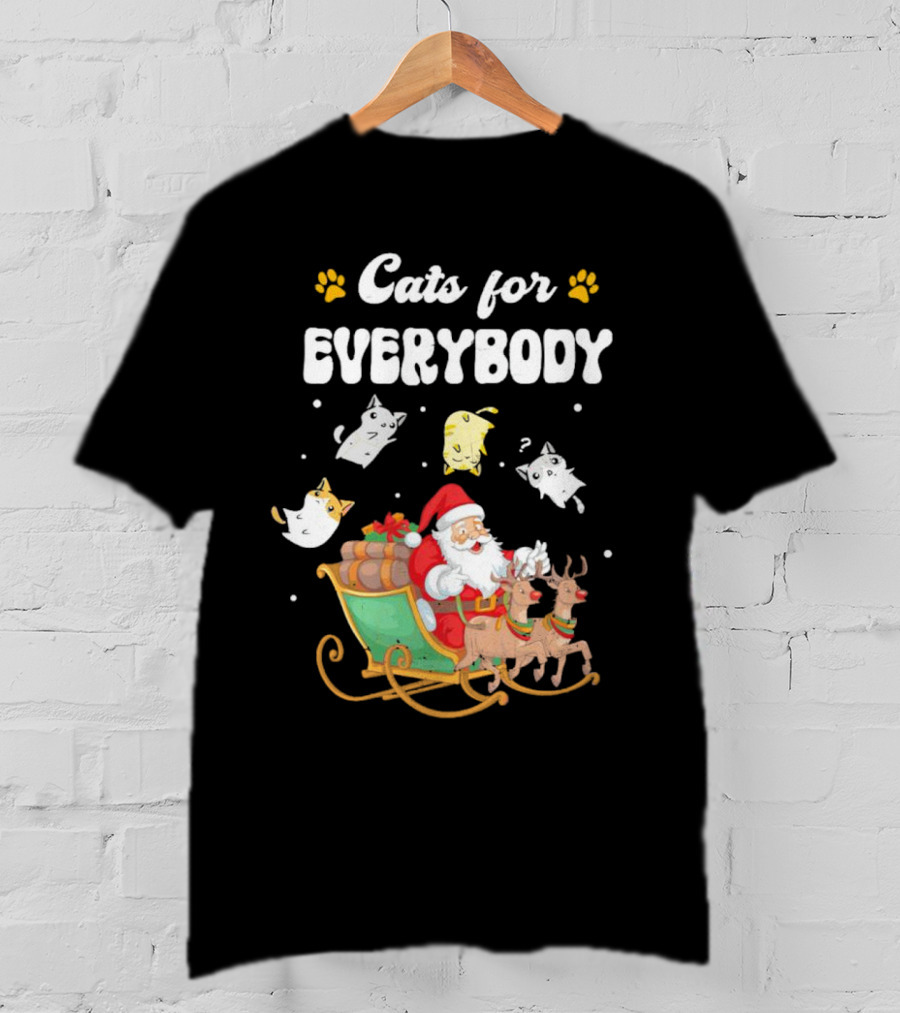 Santa With Flying Cats And Reindeer Sleigh For Everybody Christmas T-Shirt