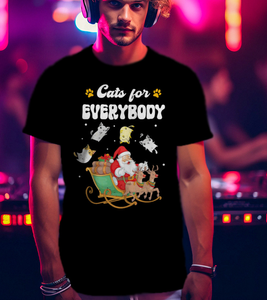 Santa With Flying Cats And Reindeer Sleigh For Everybody Christmas T-Shirt