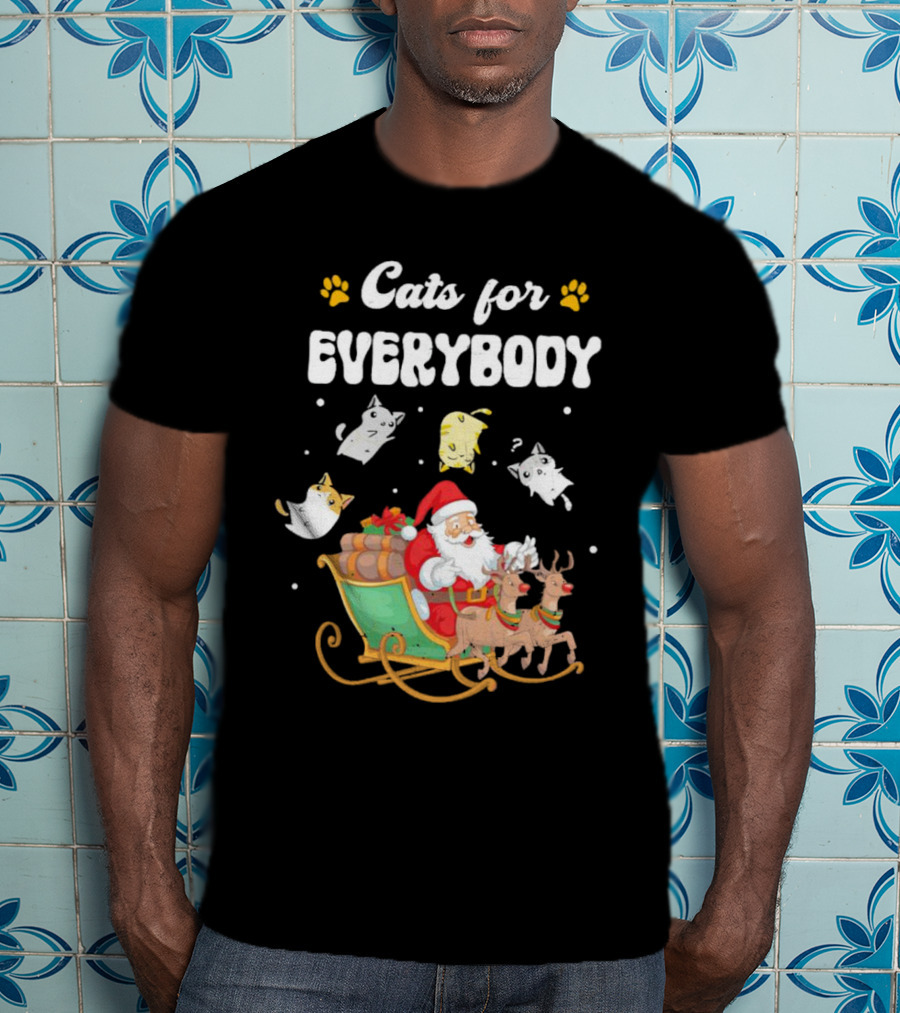 Santa With Flying Cats And Reindeer Sleigh For Everybody Christmas T-Shirt