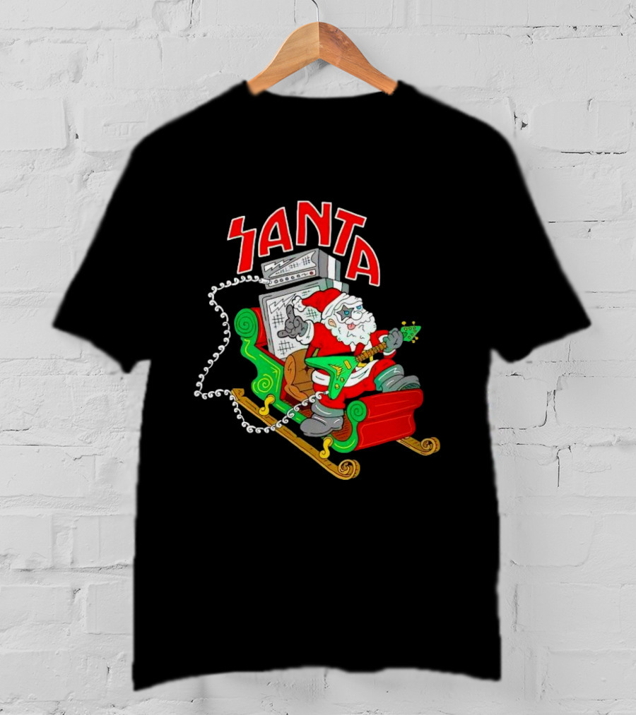 Santa Rocks Sleigh With Guitar And Amps Christmas T-Shirt