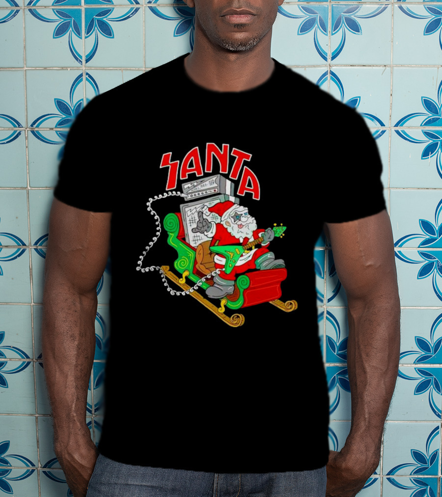 Santa Rocks Sleigh With Guitar And Amps Christmas T-Shirt