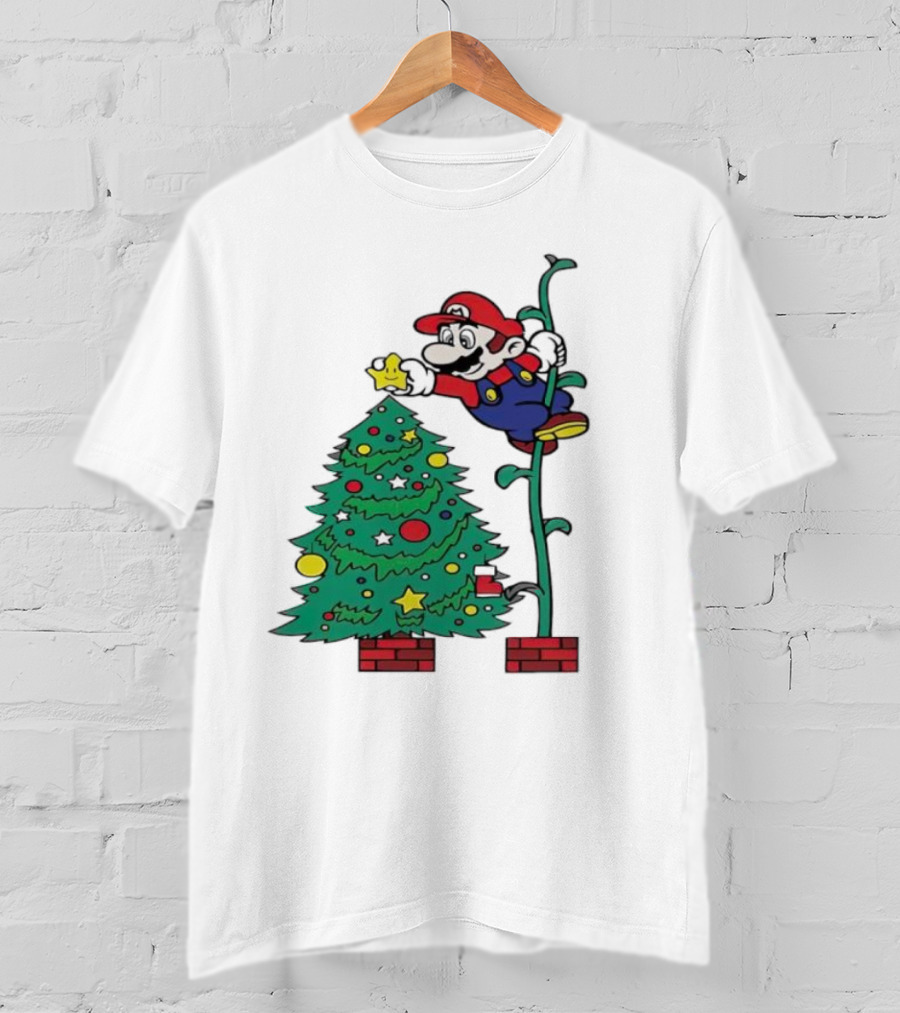 Super Mario Decorating Christmas Tree With Power-Up Star And Brick Blocks T-Shirt