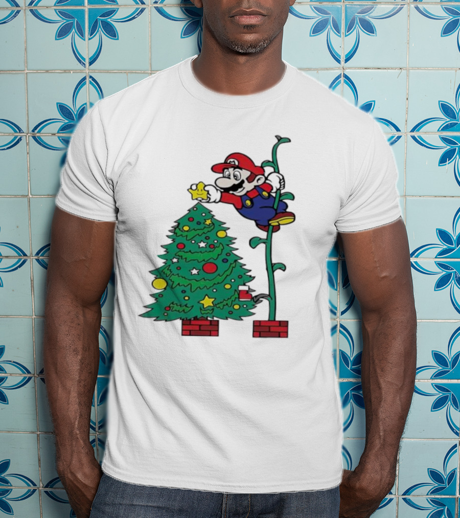 Super Mario Decorating Christmas Tree With Power-Up Star And Brick Blocks T-Shirt