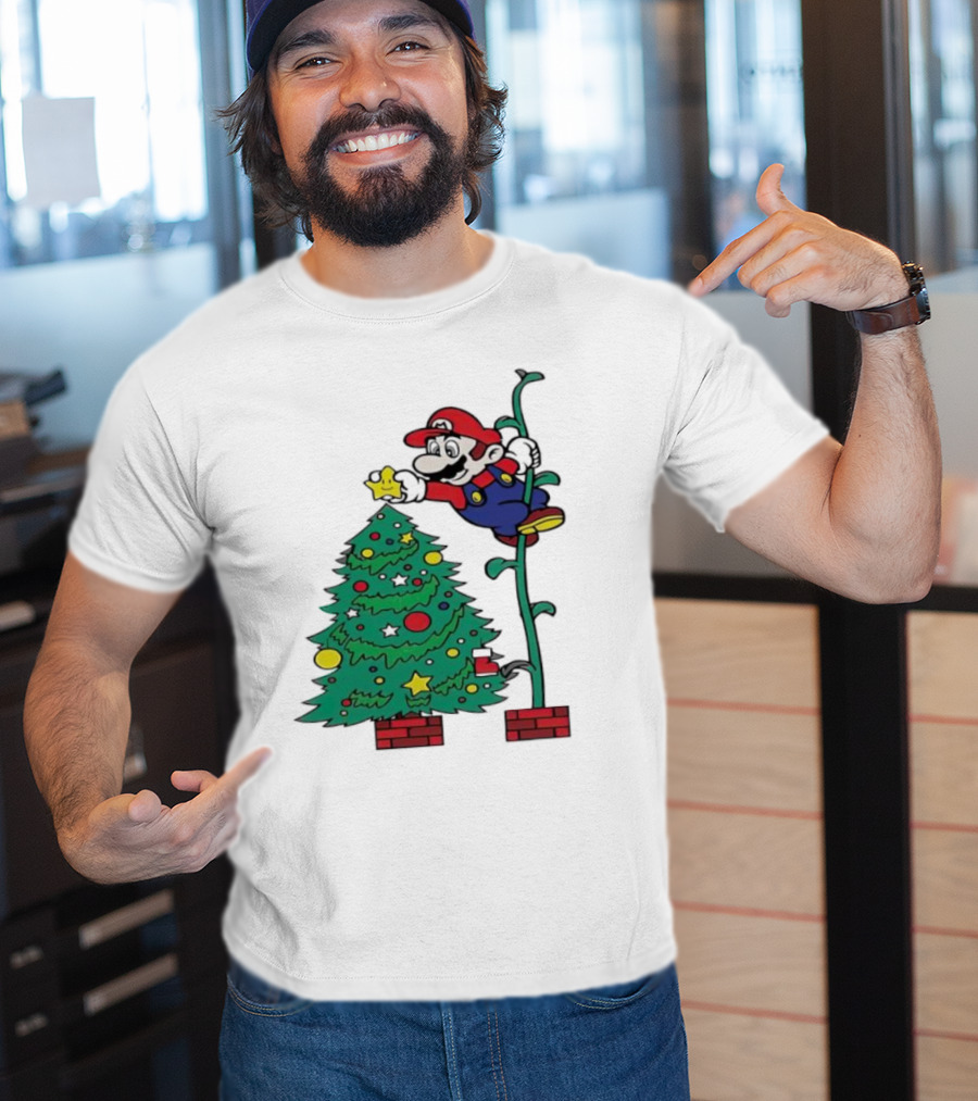 Super Mario Decorating Christmas Tree With Power-Up Star And Brick Blocks T-Shirt