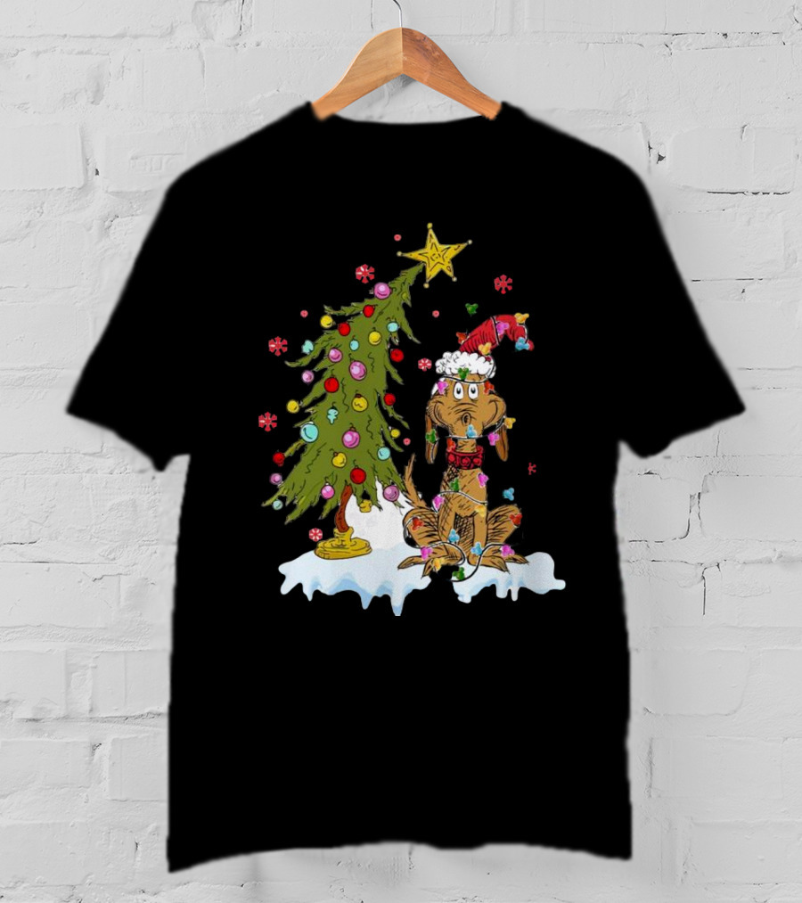 Christmas Max Dog Wrapped In Lights With Grinch Tree Scene T-Shirt