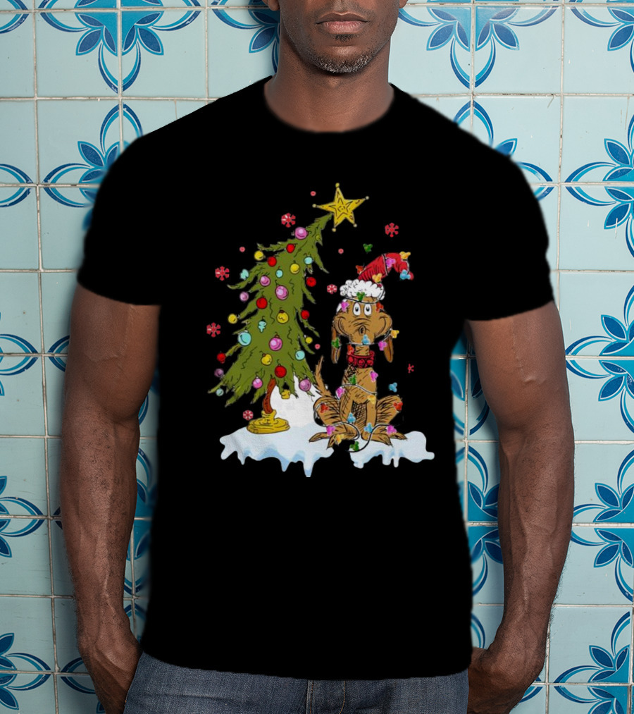 Christmas Max Dog Wrapped In Lights With Grinch Tree Scene T-Shirt