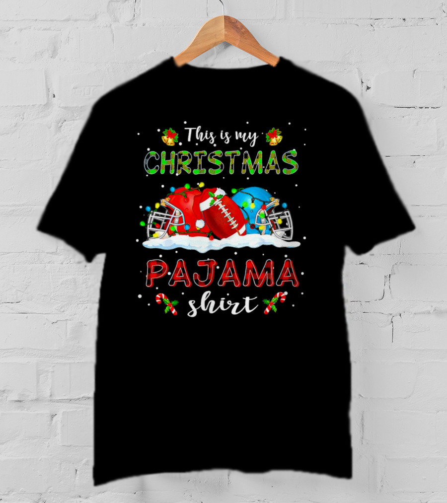 This Is My Christmas Pajama Shirt Football Helmets Candy Canes Snowflakes T-Shirt