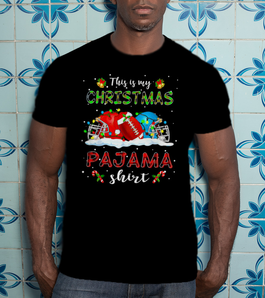 This Is My Christmas Pajama Shirt Football Helmets Candy Canes Snowflakes T-Shirt
