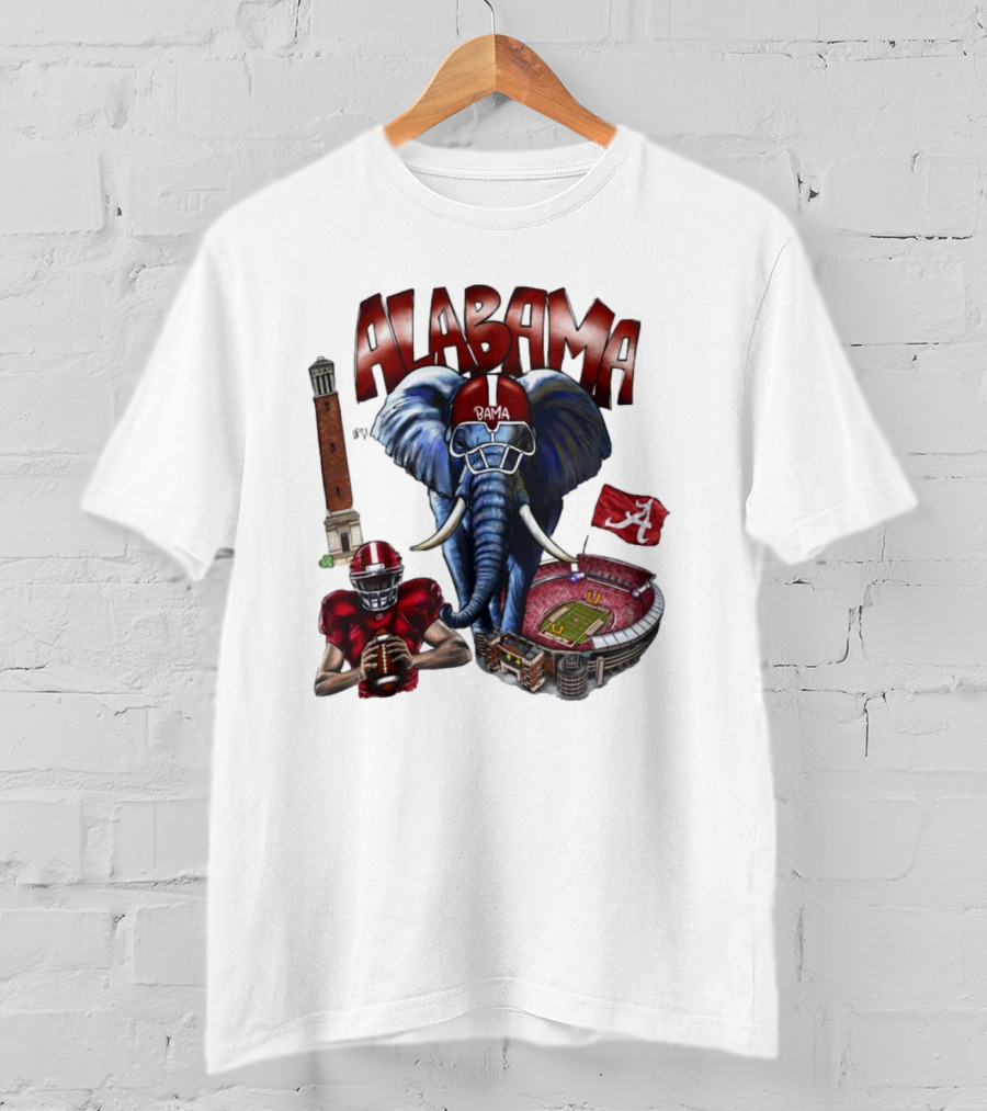 Alabama Crimson Tide Football Elephant Stadium Football Player Old Main Tower Bama T-Shirt