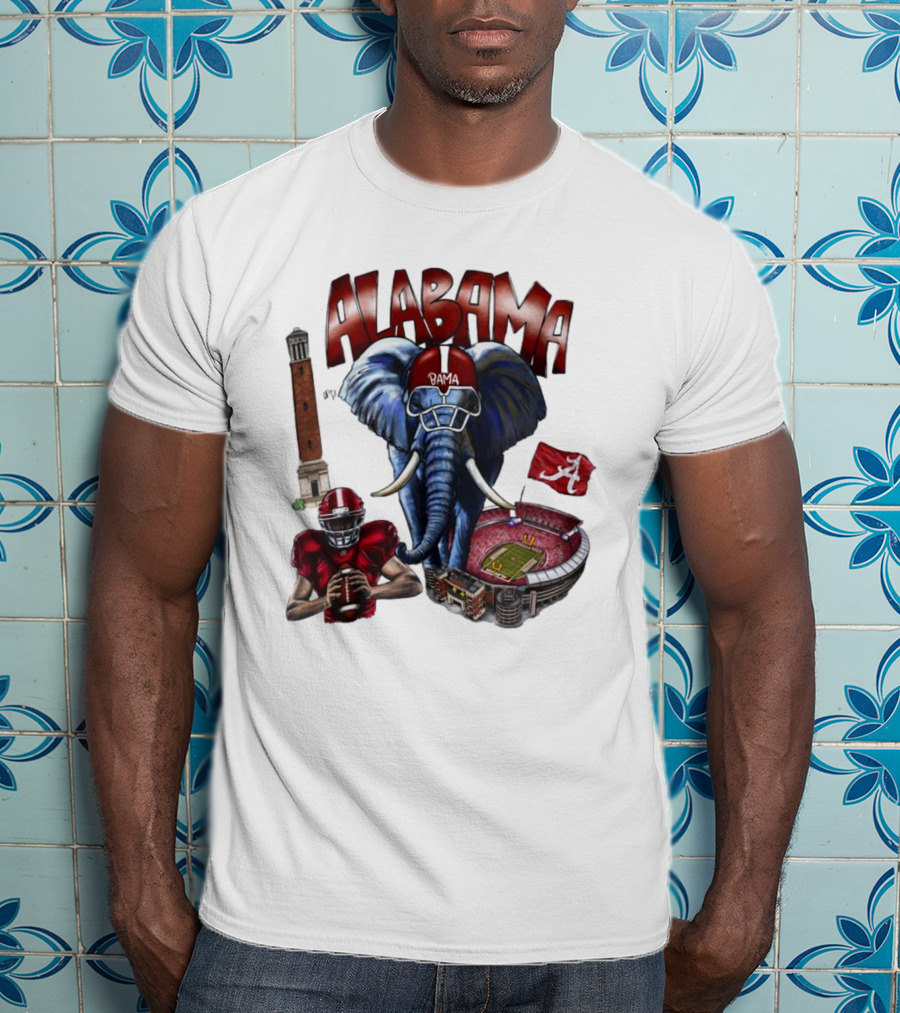 Alabama Crimson Tide Football Elephant Stadium Football Player Old Main Tower Bama T-Shirt