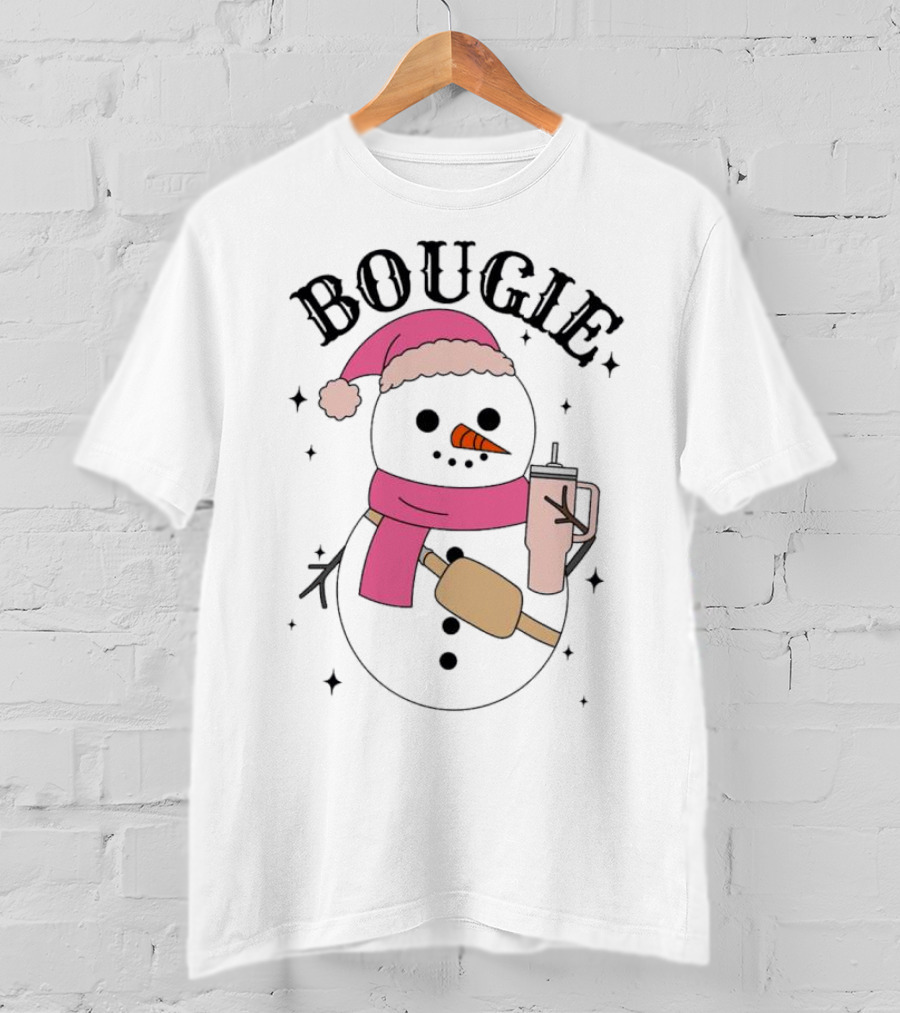 BOUGIE Snowman In Pink Hat And Scarf With Drink Cup T-Shirt