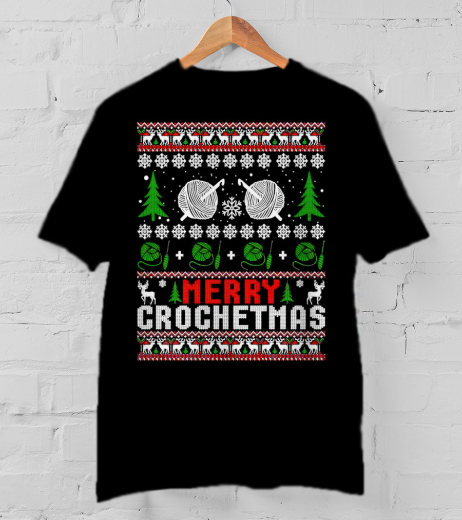 Merry Crochetmas Christmas Yarn Balls Snowflakes Trees Reindeer T-Shirt