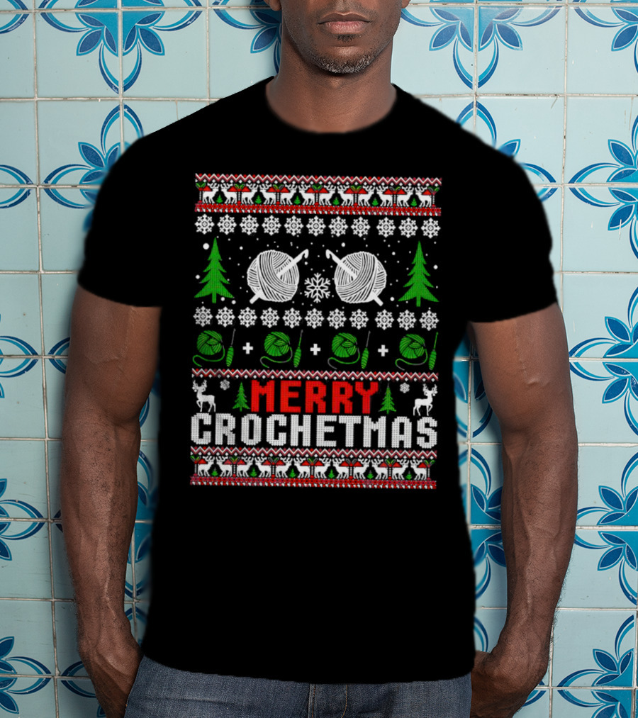 Merry Crochetmas Christmas Yarn Balls Snowflakes Trees Reindeer T-Shirt