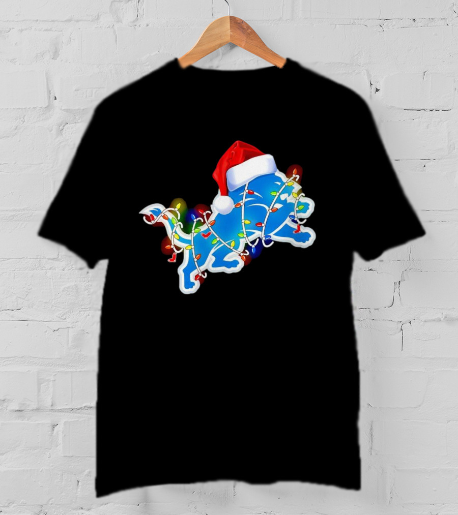 Detroit Lions Christmas Lights Santa Hat Holiday Football T-Shirt