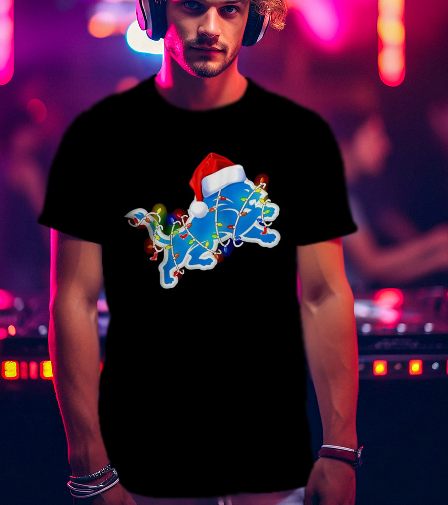 Detroit Lions Christmas Lights Santa Hat Holiday Football T-Shirt
