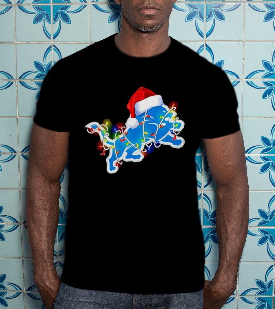 Detroit Lions Christmas Lights Santa Hat Holiday Football T-Shirt