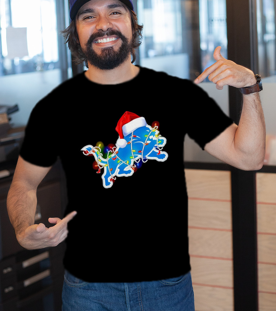 Detroit Lions Christmas Lights Santa Hat Holiday Football T-Shirt