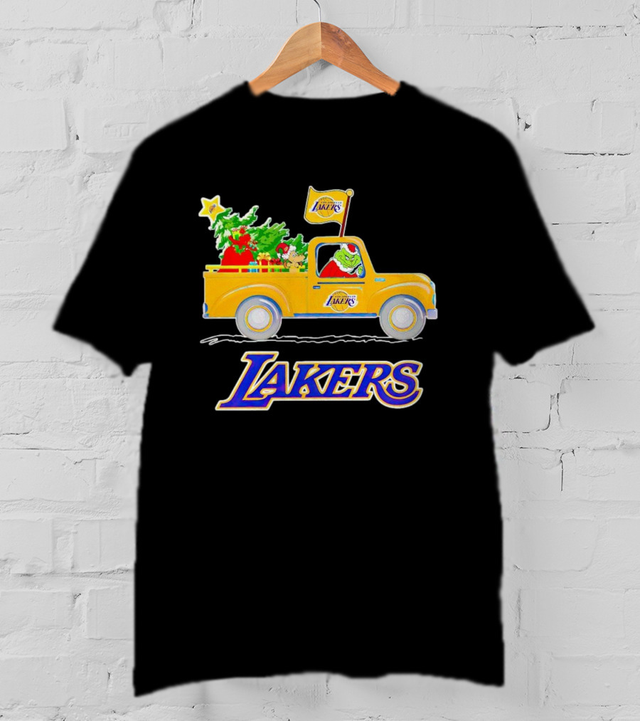 Grinch Driving Los Angeles Lakers Truck With Christmas Tree T-Shirt