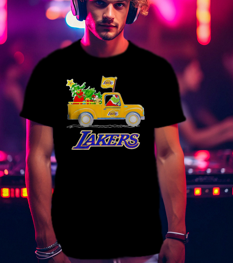 Grinch Driving Los Angeles Lakers Truck With Christmas Tree T-Shirt