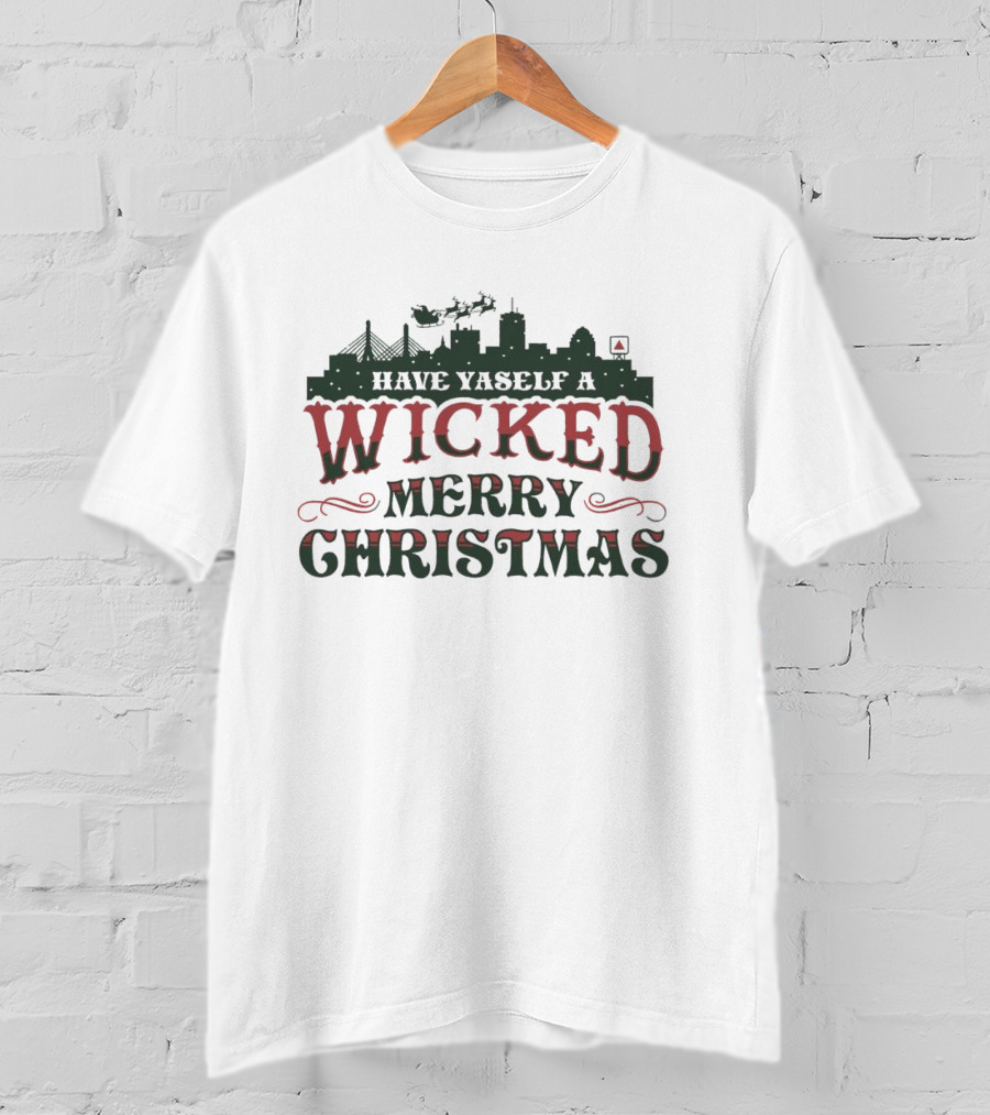 Have Yaself A Wicked Merry Christmas Boston Skyline Santa Sleigh T-Shirt