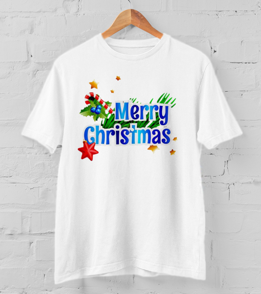 Merry Christmas Candy Cane Holly Pine Red Star T-Shirt