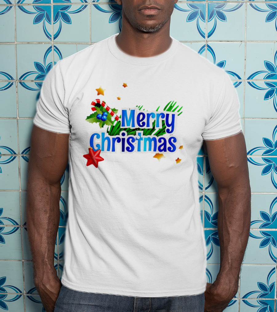 Merry Christmas Candy Cane Holly Pine Red Star T-Shirt