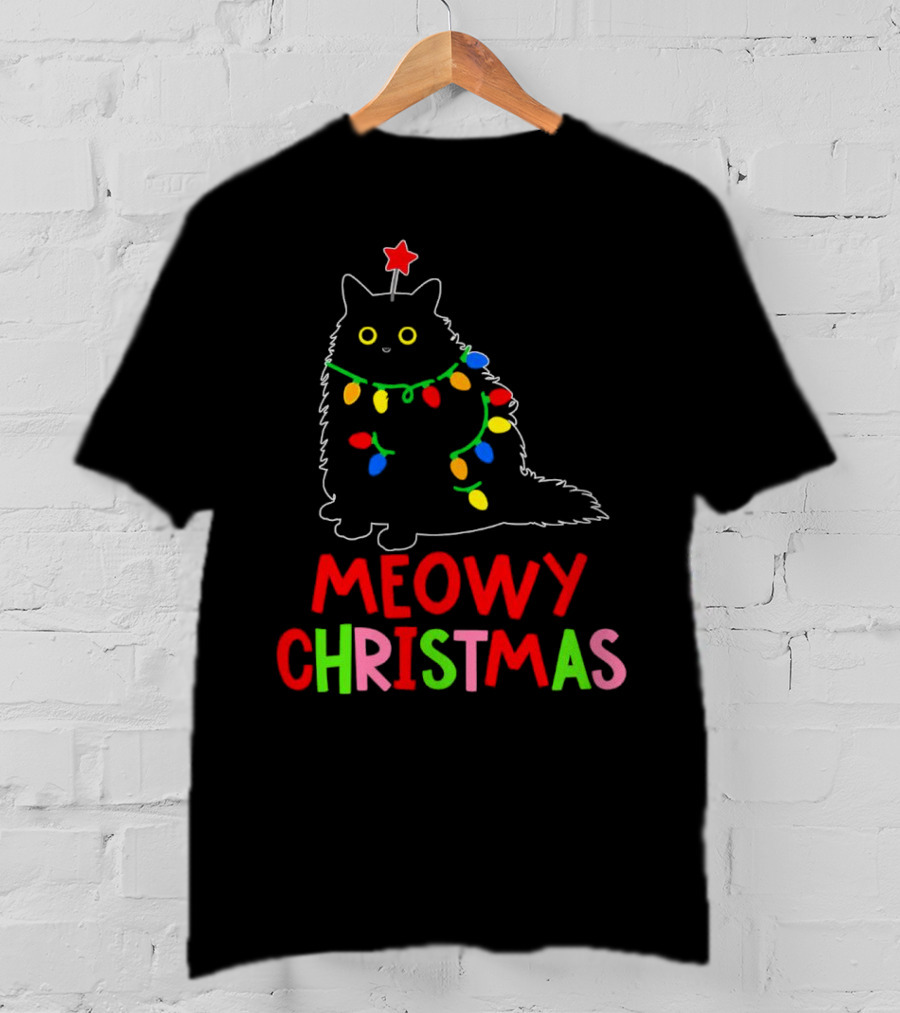 Meowy Christmas Black Cat With Lights T-Shirt