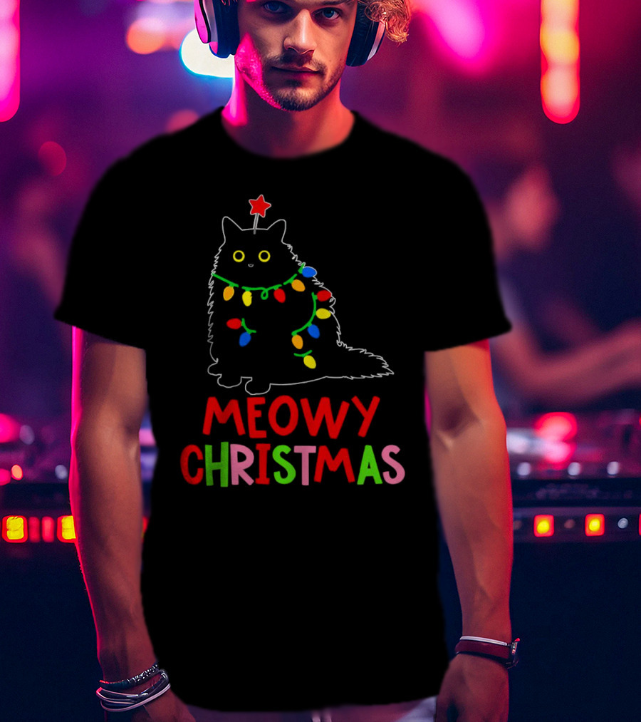 Meowy Christmas Black Cat With Lights T-Shirt