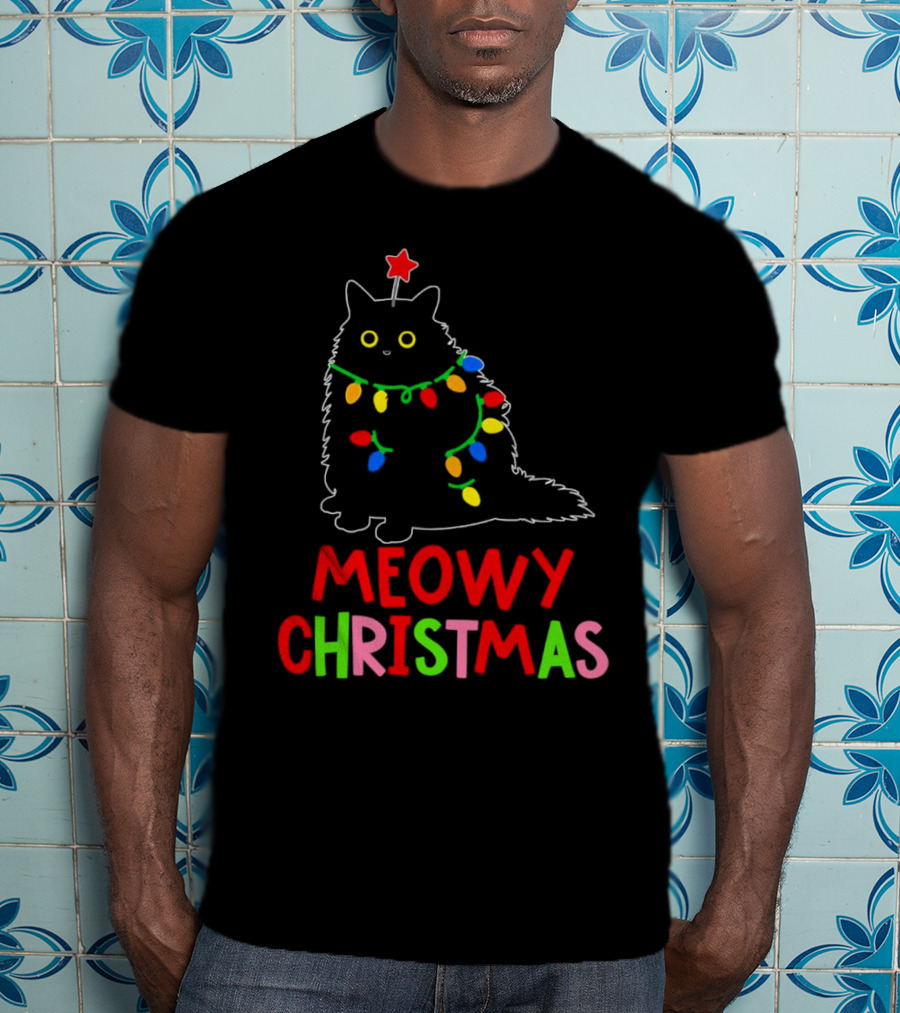 Meowy Christmas Black Cat With Lights T-Shirt