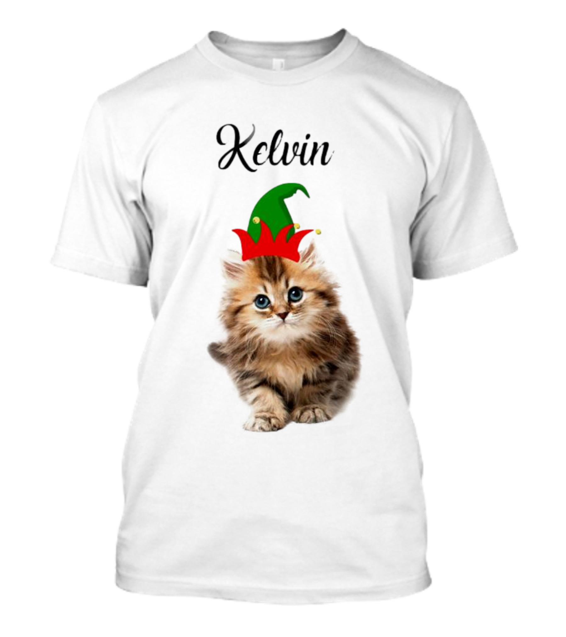 Kelvin Cat Wearing Elf Hat Merry Christmas Custom Name T-Shirt