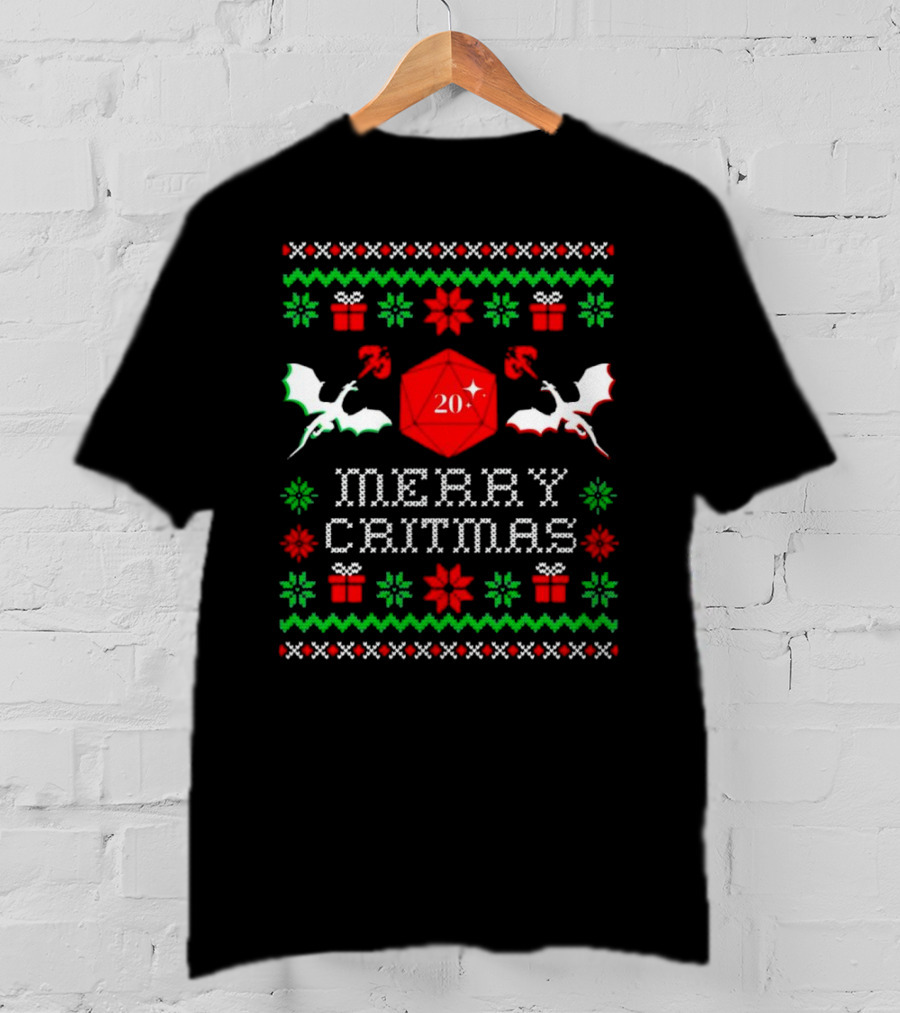 Merry Critmas Christmas Dragons With D20 Dice And Festive Decorations T-Shirt