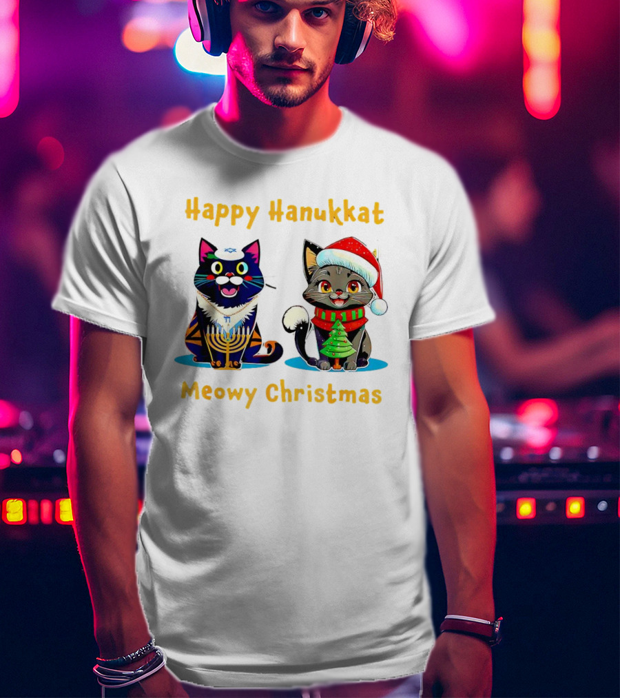Happy Hanukkat Meowy Christmas Cats In Festive Holiday Attire T-Shirt