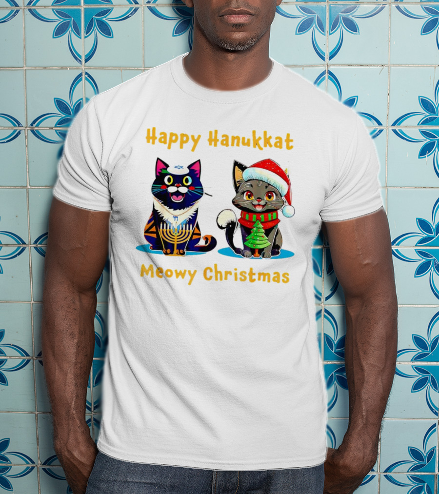 Happy Hanukkat Meowy Christmas Cats In Festive Holiday Attire T-Shirt