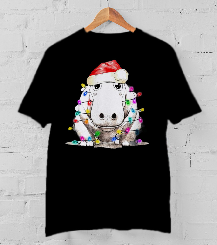 Santa Hippo Wrapped In Christmas Lights With Santa Hat T-Shirt