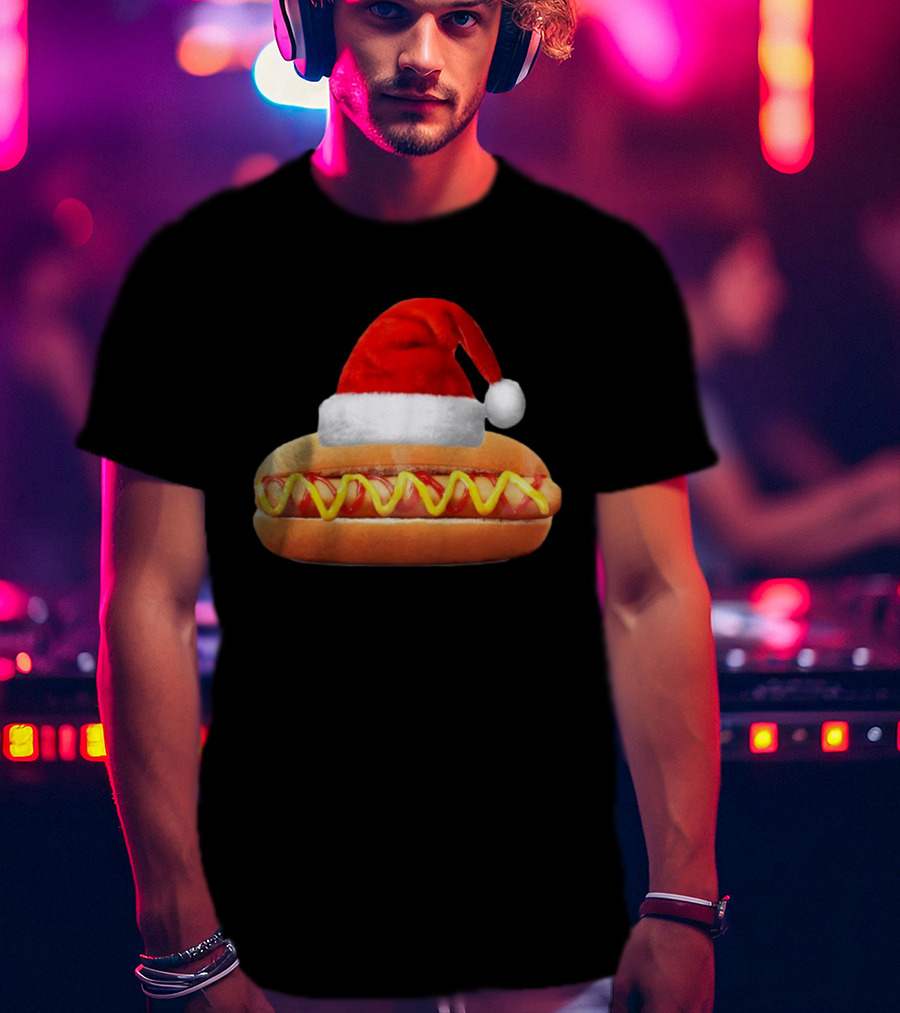 Santa Hat Hot Dog Christmas Family Dinner T-Shirt