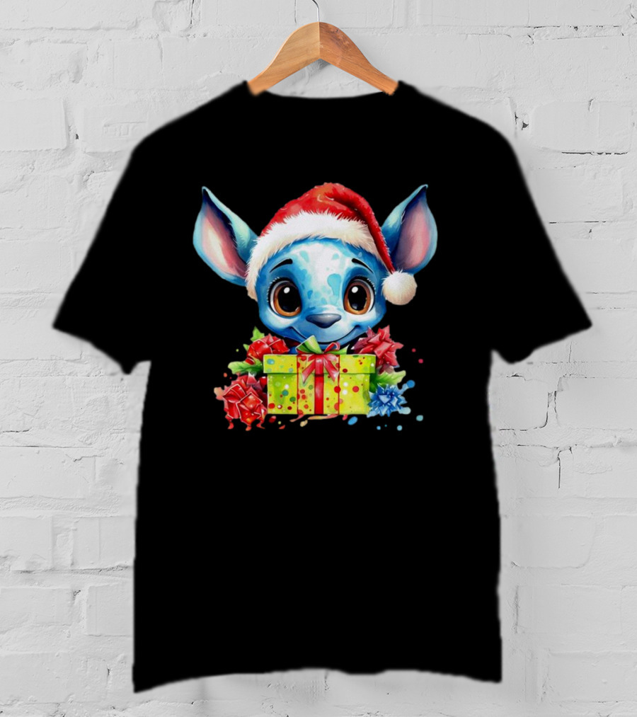 Santa Stitch Holiday Cheer With Christmas Present And Santa Hat T-Shirt