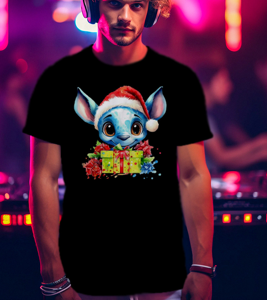 Santa Stitch Holiday Cheer With Christmas Present And Santa Hat T-Shirt