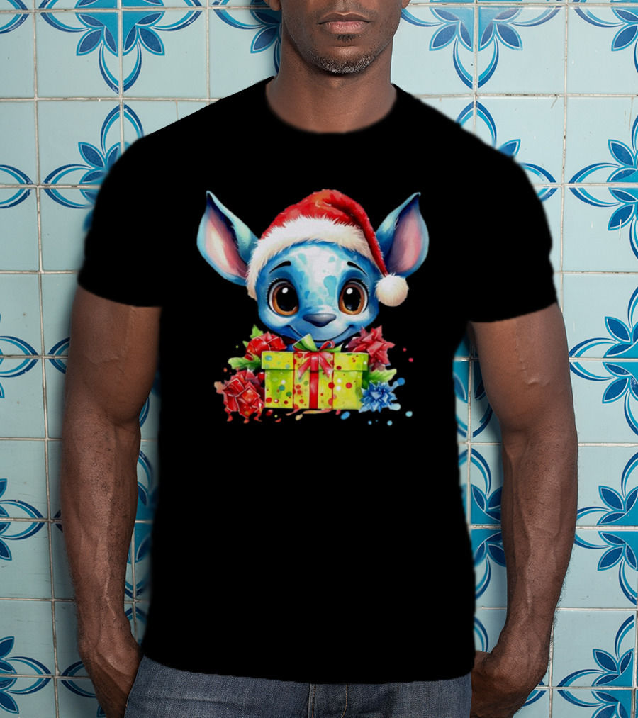 Santa Stitch Holiday Cheer With Christmas Present And Santa Hat T-Shirt