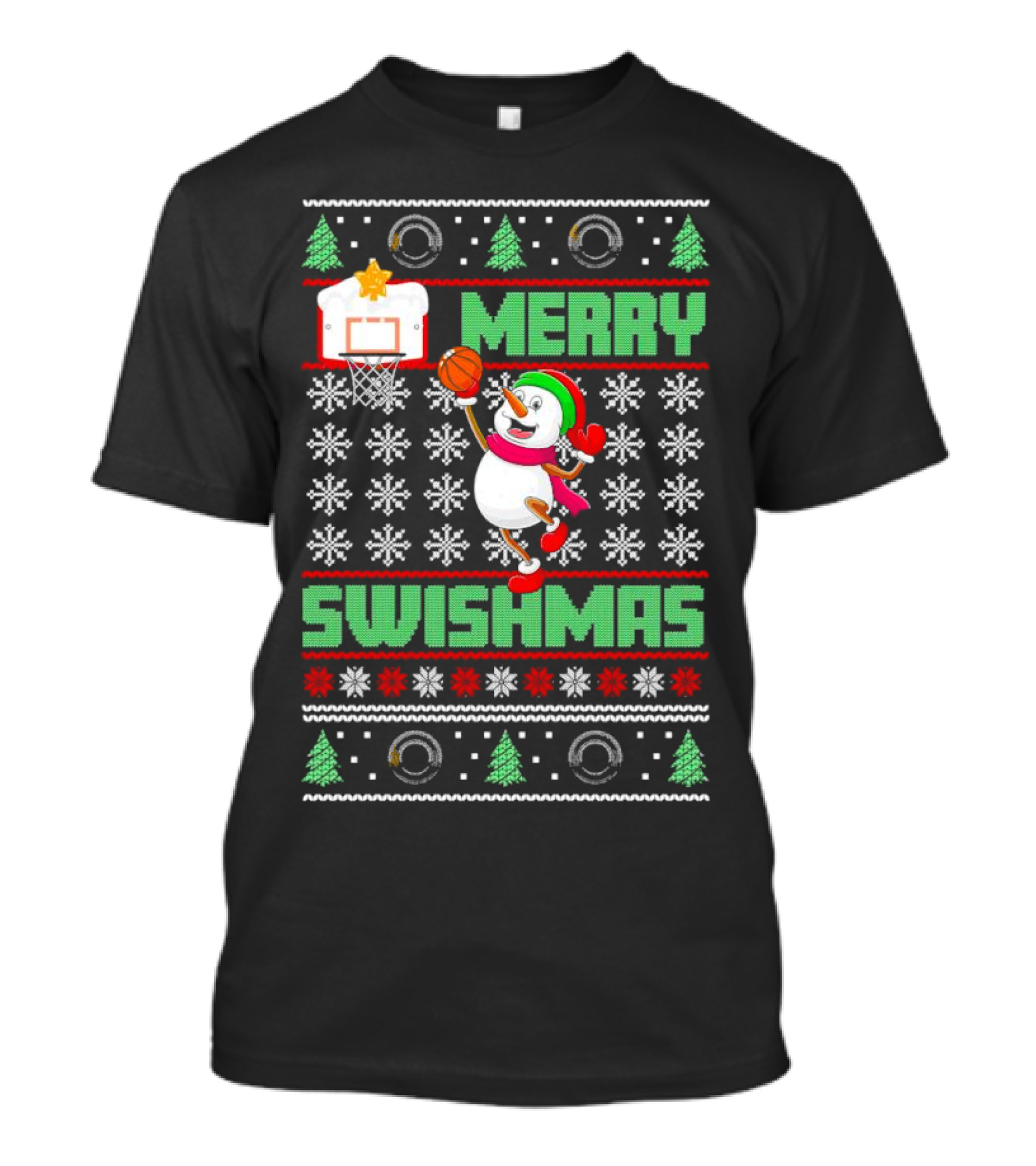 Merry Swishmas Snowman Playing Basketball Holiday T-Shirt