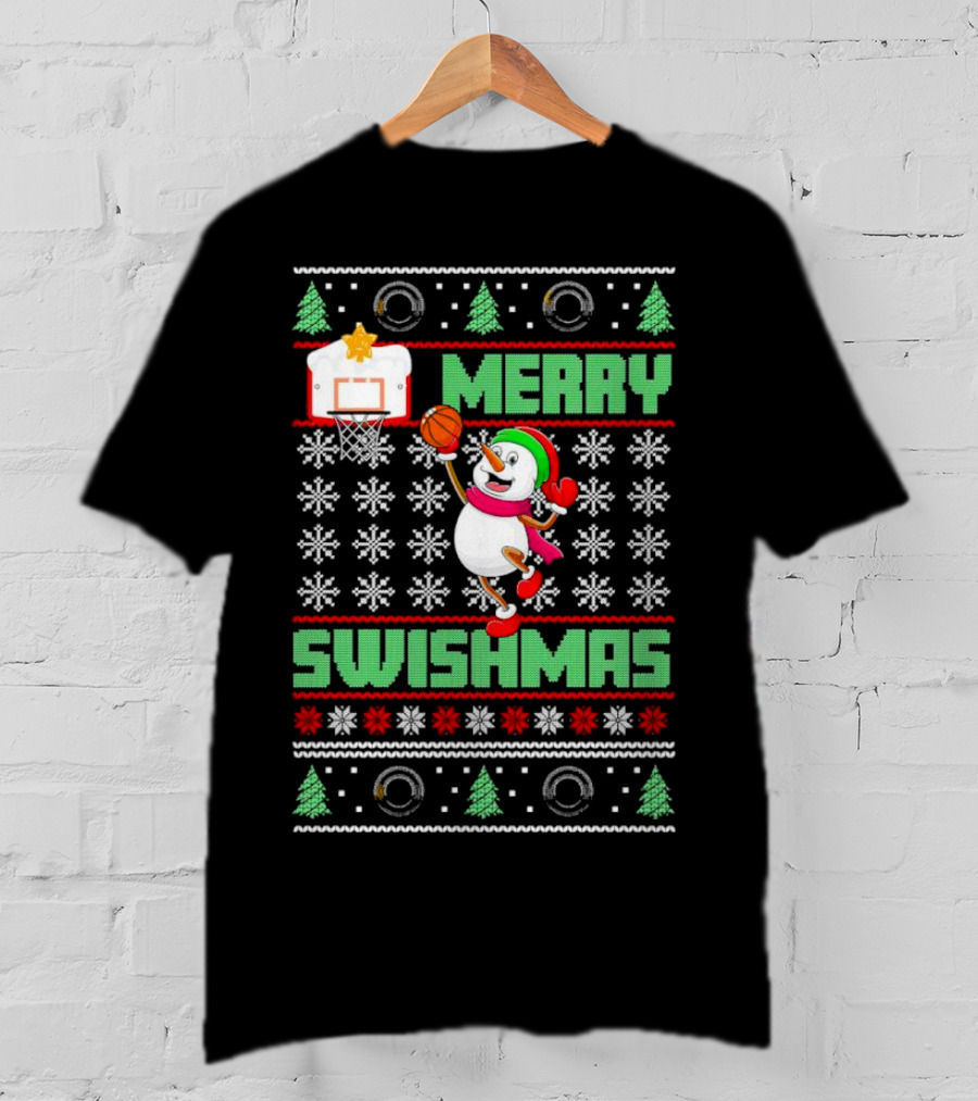Merry Swishmas Snowman Playing Basketball Holiday T-Shirt