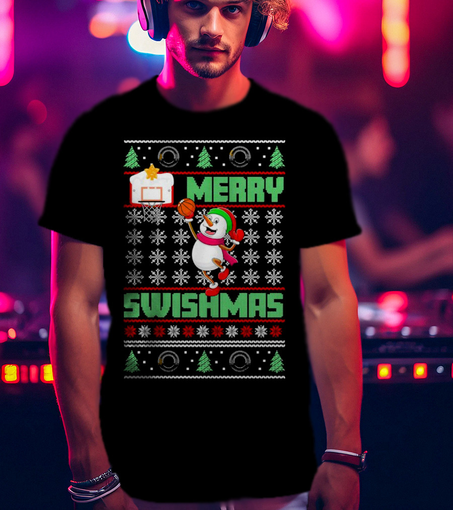 Merry Swishmas Snowman Playing Basketball Holiday T-Shirt