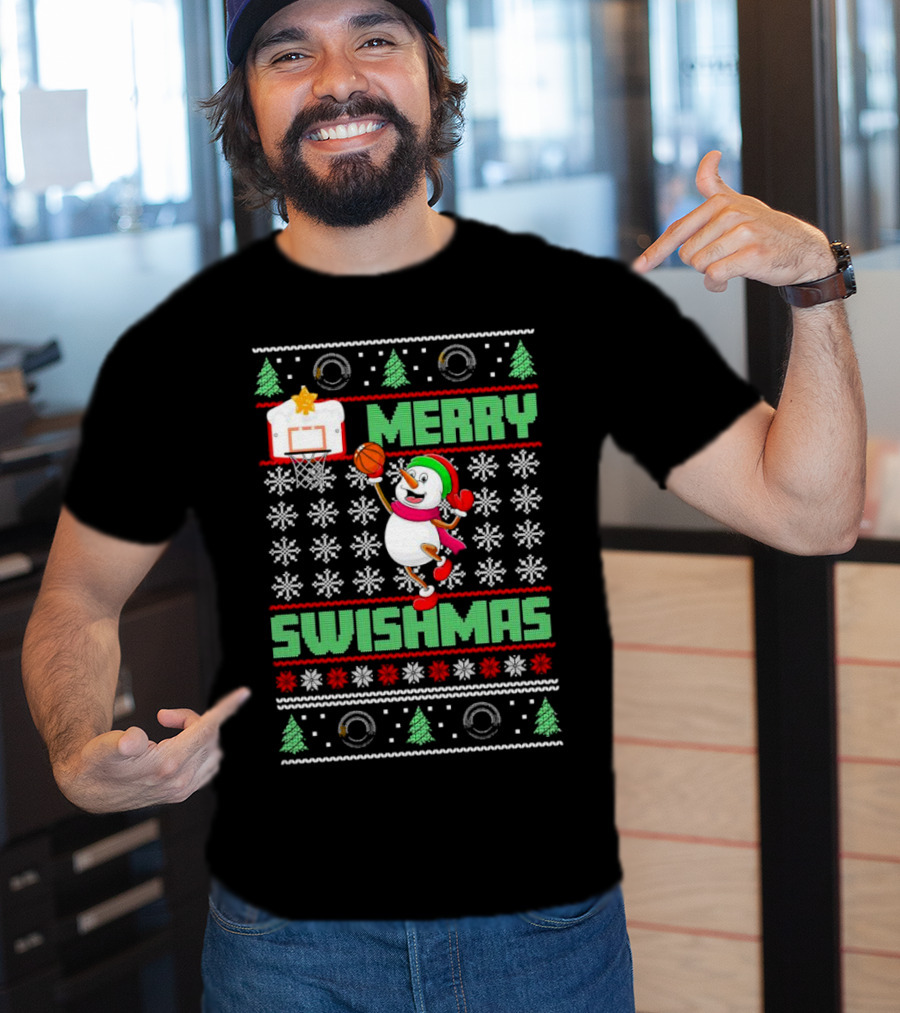 Merry Swishmas Snowman Playing Basketball Holiday T-Shirt